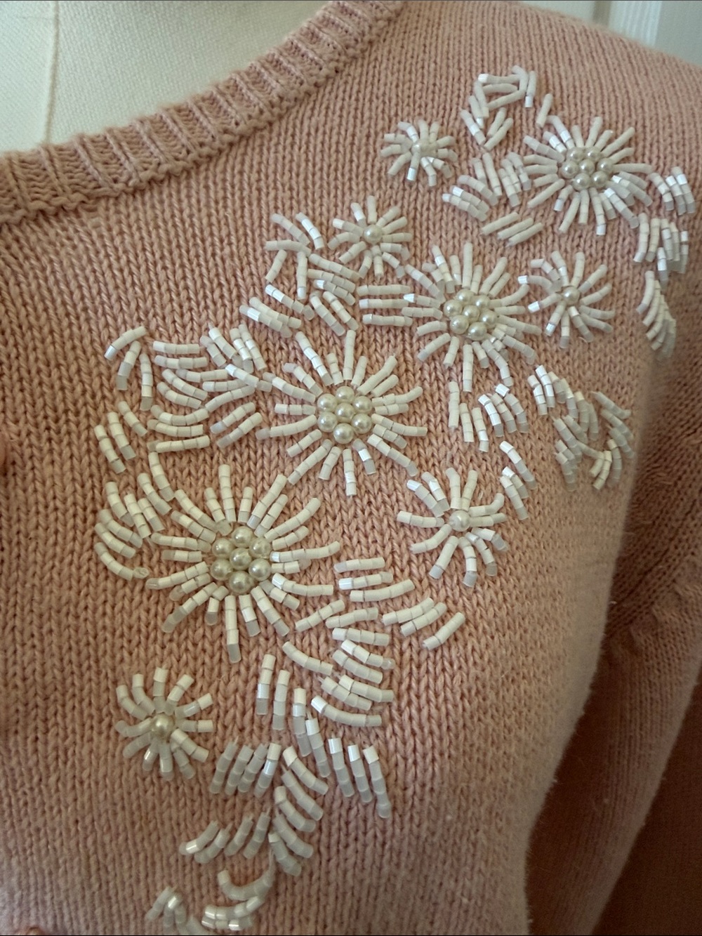 Croquet Club Vintage 80s Soft Pink Beaded Cardigan Size M - Picture 2 of 8